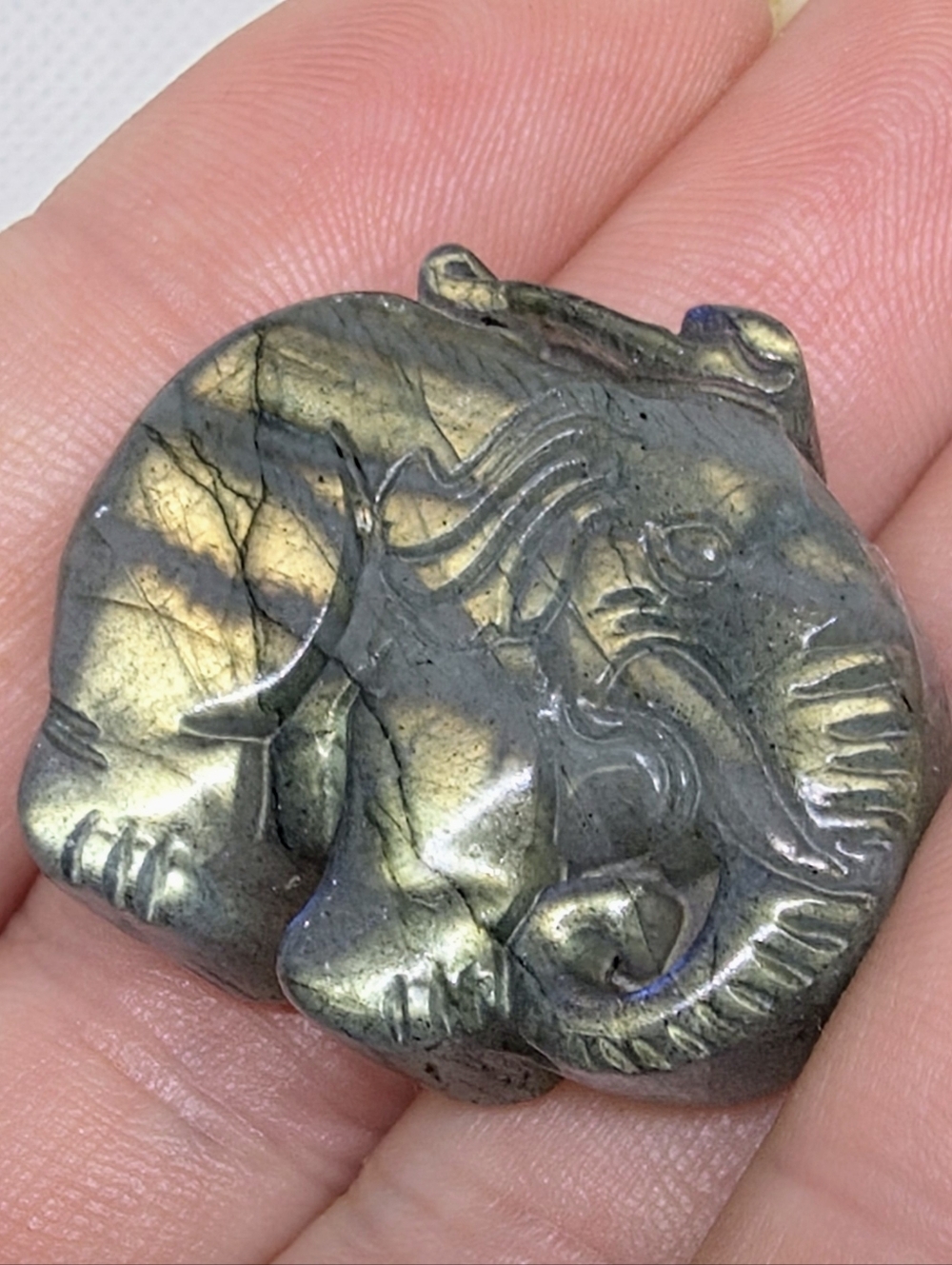 Duel Flash Labradorite Elephant Carving Flashy Blue Gold Crystal Animal Figurine